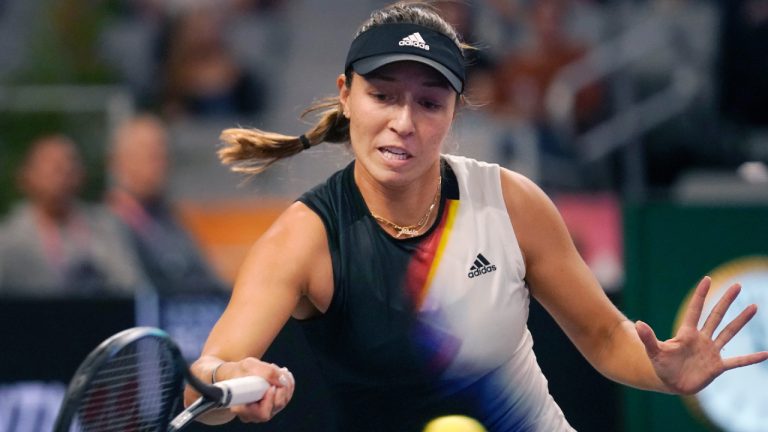 Jessica Pegula reaches to return a shot during the first set against Aryna Sabalenka, of Belarus, during round-robin play on day five of the WTA Finals tennis tournament in Fort Worth, Texas, Friday, Nov. 4, 2022. (LM Otero/AP)