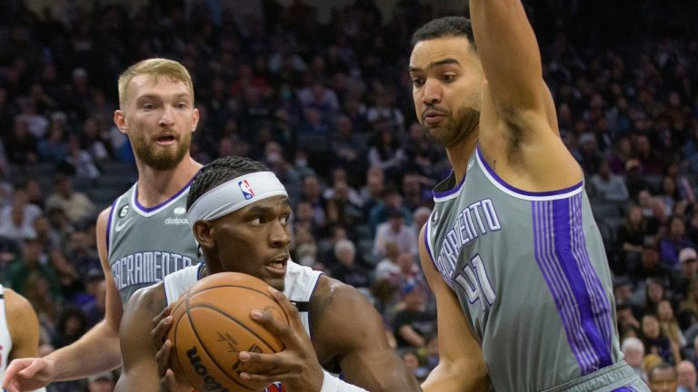 Detroit Pistons center Jalen Duren (0) is guarded by Sacramento Kings forward Trey Lyles (41) during the first quarter of an NBA basketball game in Sacramento, Calif., Sunday, Nov. 20, 2022. (Randall Benton/AP)