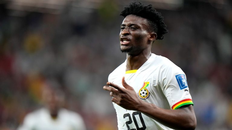 Ghana's Mohammed Kudus celebrates after scoring his sides third goal during the World Cup group H soccer match between South Korea and Ghana. (Luca Bruno/AP)