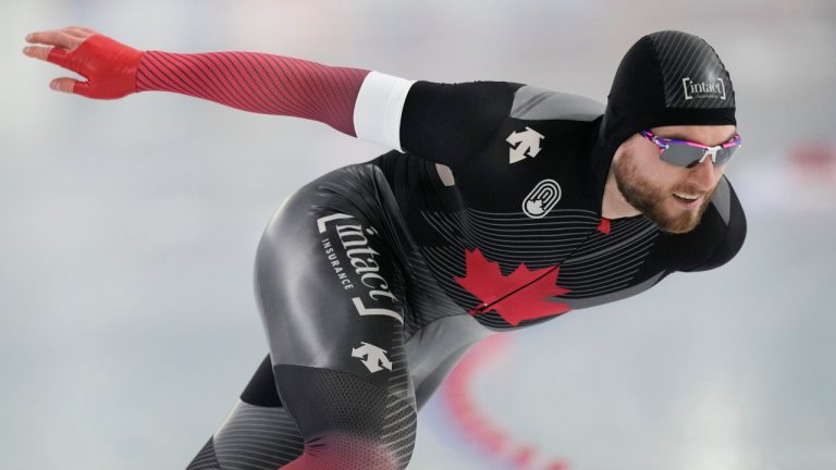 Canada's Laurent Dubreuil competes in the men's 1,000-meter speedskating race of the World Cup final in Thialf ice rink, Heerenveen, Netherlands, Saturday, March 12, 2022. (Peter Dejong/AP)