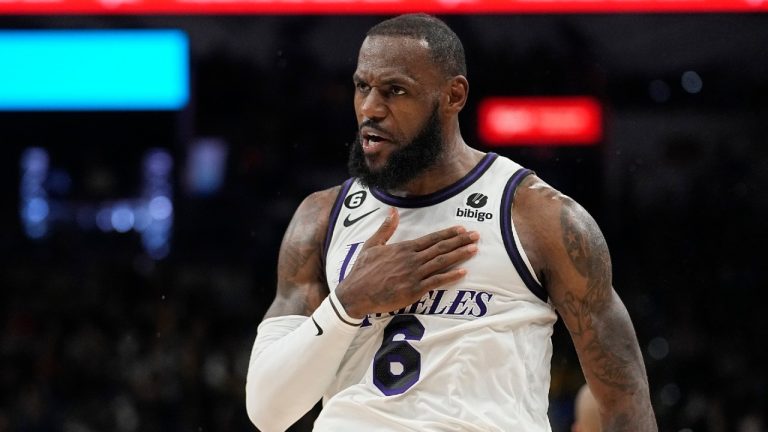 Los Angeles Lakers forward LeBron James (6) celebrates a basket against the San Antonio Spurs during the second half of an NBA basketball game in San Antonio, Saturday, Nov. 26, 2022. (Eric Gay/AP)