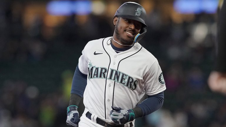 Seattle Mariners' Kyle Lewis runs the bases after he hit a solo home run against the Houston Astros during the second inning of a baseball game May 28, 2022, in Seattle. (Ted S. Warren/AP)