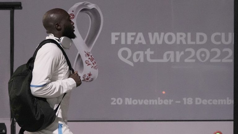 Romelu Lukaku of Belgium's national soccer team arrives with teammates at Hamad International airport in Doha, Qatar, Saturday, Nov. 19, 2022 ahead of the upcoming World Cup. Belgium will play the first match in the World Cup against Canada on Nov. 23. (Hassan Ammar/AP)