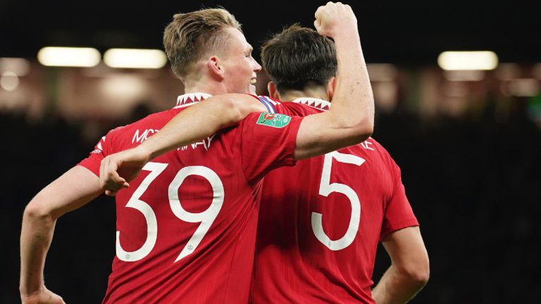 Manchester United's Scott McTominay celebrates after scoring his side's fourth goal during the English League Cup third round soccer match between Manchester United and Aston Villa in Manchester, England, Thursday, Nov. 10, 2022. (Dave Thompson/AP)