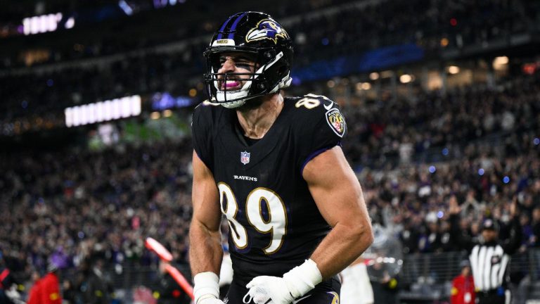 Baltimore Ravens' Mark Andrews celebrates after scoring a touchdown against the Cincinnati Bengals during the first half of an NFL football game, Sunday, Oct. 9, 2022, in Baltimore. (Nick Wass/AP)