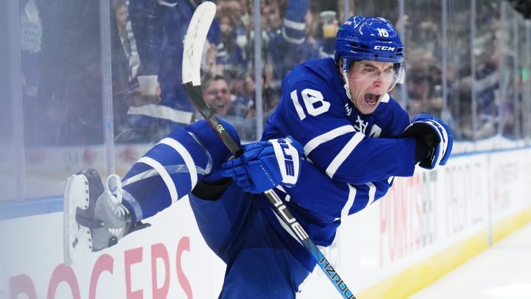 Toronto Maple Leafs forward Mitchell Marner (16) celebrates his goal against the Vegas Golden Knights during second period NHL hockey action in Toronto on Tuesday, November 8, 2022. (Nathan Denette/The Canadian Press)