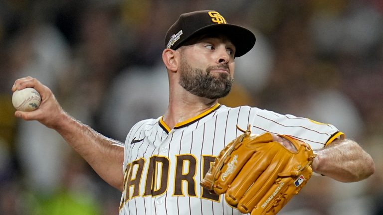 San Diego Padres relief pitcher Nick Martinez throws against the Philadelphia Phillies during the eighth inning in Game 1 of the baseball NL Championship Series between the San Diego Padres and the Philadelphia Phillies on Tuesday, Oct. 18, 2022, in San Diego. (Gregory Bull/AP)