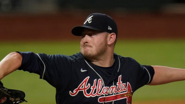 Atlanta Braves relief pitcher Tyler Matzek throws against the Los Angeles Dodgers during the fourth inning in Game 7 of a baseball National League Championship Series Sunday, Oct. 18, 2020, in Arlington, Texas. (Eric Gay/AP)