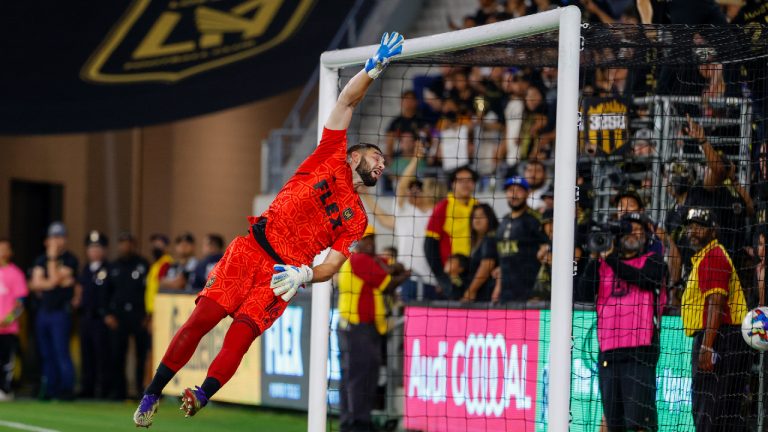 Los Angeles FC goalkeeper Maxime Crepeau gives up a goal to FC Dallas during the first half of an MLS soccer match in Los Angeles, Wednesday, June 29, 2022. (Ringo H.W. Chiu/AP)