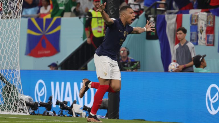 France's Kylian Mbappe celebrates after scoring during a soccer game between France and Denmark, in Group D of the FIFA 2022 World Cup, at the Stadium 974, in Doha, State of Qatar on Saturday 26 November 2022. (Virginie Lefour/Belga Photo)