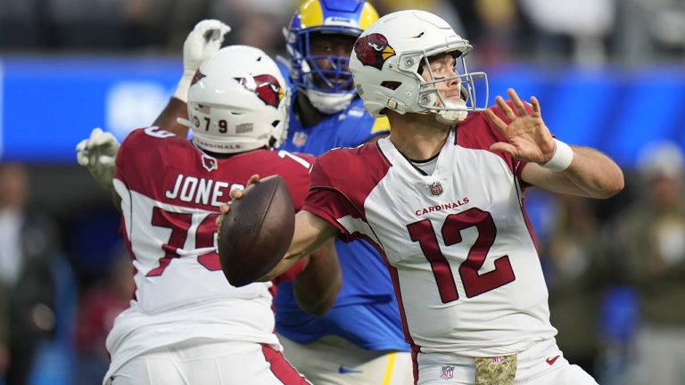 Arizona Cardinals quarterback Colt McCoy throws against the Los Angeles Rams during the first half of an NFL football game Sunday, Nov. 13, 2022, in Inglewood, Calif. (Jae C. Hong/AP)