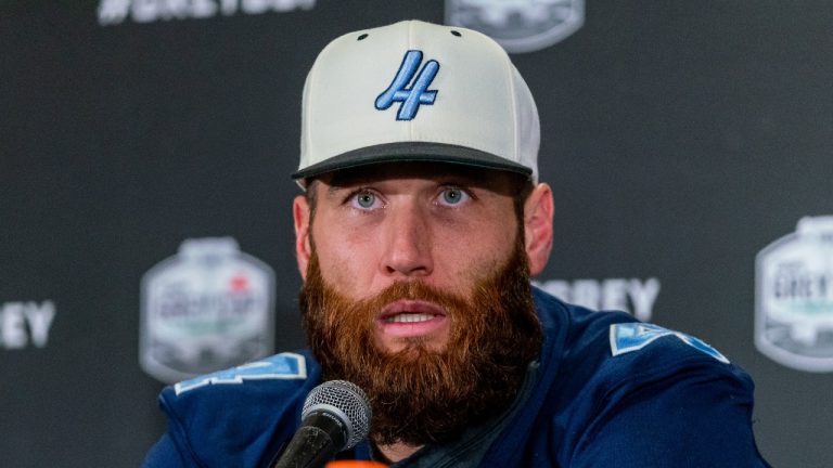 Toronto Argonauts quarterback McLeod Bethel-Thompson speaks to members of media after practice at Mosaic Stadium in Regina, on Wednesday, November 16, 2022. The Winnipeg Blue Bombers will be playing against the Toronto Argonauts in the 109th Grey Cup on Sunday. (Heywood Yu/THE CANADIAN PRESS)