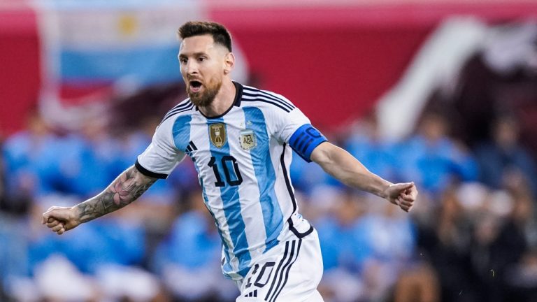 Argentina's Lionel Messi celebrates his goal during the second half of an international friendly soccer match against Jamaica on Tuesday, Sept. 27, 2022, in Harrison, N.J. The 35-year-old superstar might be getting his final crack at a World Cup this November (Eduardo Munoz Alvarez/AP Photo)