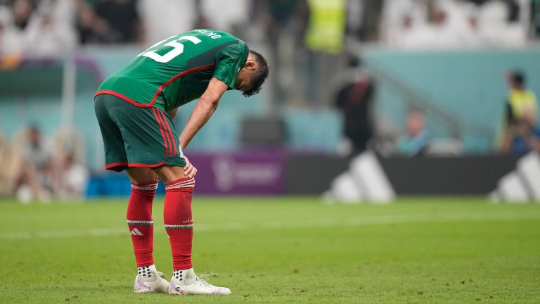 Mexico's Hector Moreno pauses during the World Cup group C soccer match between Saudi Arabia and Mexico, at the Lusail Stadium in Lusail, Qatar, Wednesday, Nov. 30, 2022. (AP Photo/Ebrahim Noroozi)