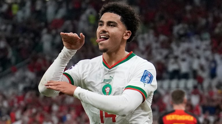 Morocco's Zakaria Aboukhlal celebrates his side's second goal during the World Cup group F soccer match between Belgium and Morocco, at the Al Thumama Stadium in Doha, Qatar, Sunday, Nov. 27, 2022. (Christophe Ena/AP)