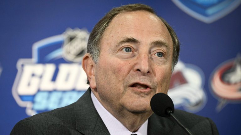 NHL commissioner Gary Bettman attends a press conference prior to the 2022 NHL Global Series Ice Hockey match between Colorado Avalanche and Columbus Blue Jackets in Tampere, Finland, Saturday, Nov. 5, 2022. (Emmi Korhonen./Lehtikuva via AP)