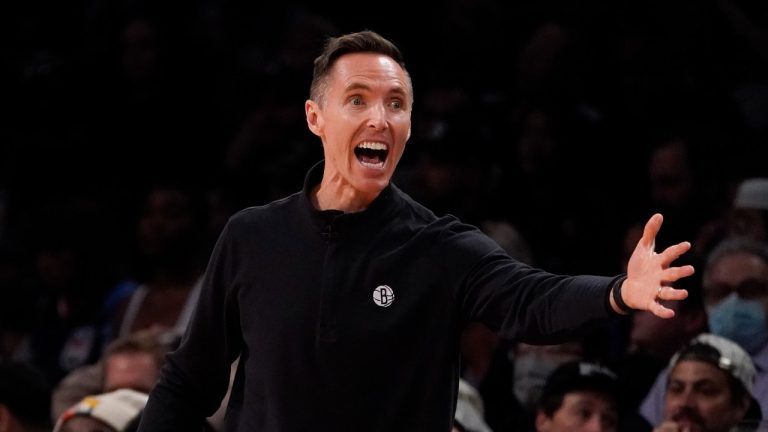 Brooklyn Nets head coach Steve Nash reacts to a referee call during the first half of Game 4 of an NBA basketball first-round playoff series against the Boston Celtics, Monday, April 25, 2022, in New York. (John Minchillo/AP Photo)