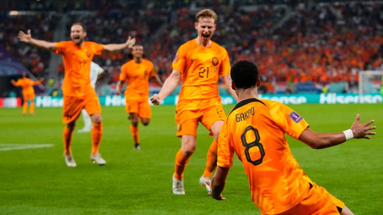 Cody Gakpo of the Netherlands, right, celebrates with teammates after scoring the opening goal during the World Cup, group A soccer match between Senegal and Netherlands. (Petr David Josek/AP)