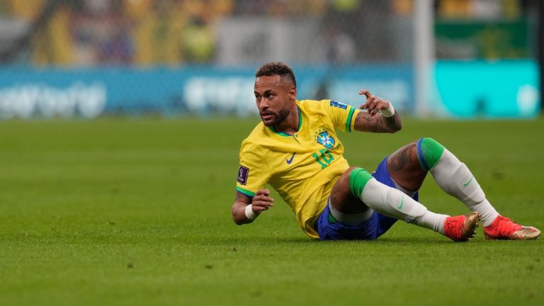 Brazil's Neymar looks on during the World Cup group G soccer match between Brazil and Serbia, at the Lusail Stadium in Lusail, Qatar, Thursday, Nov. 24, 2022. (Themba Hadebe/AP)