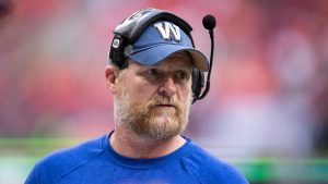 Winnipeg Blue Bombers head coach Mike O'Shea watches from the sideline during the second half of CFL football game against the B.C. Lions in Vancouver, on Saturday, July 9, 2022. (Darryl Dyck/CP)