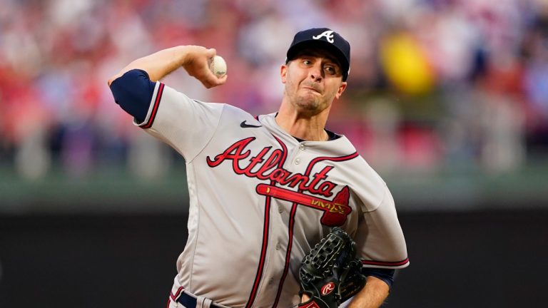 Atlanta Braves starting pitcher Jake Odorizzi (12) throws during the fourth inning in Game 3 of baseball's National League Division Series against the Philadelphia Phillies, Friday, Oct. 14, 2022, in Philadelphia. (Matt Slocum/AP Photo)