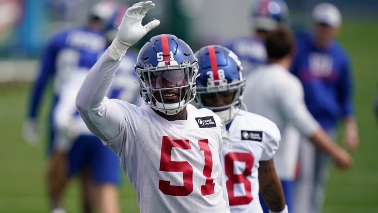 New York Giants' Azeez Ojulari participates in a practice at the team's training facility in East Rutherford, N.J., May 26, 2022. Ojulari is set to return to the Giants' roster after missing the last seven games (Seth Wenig/AP Photo)