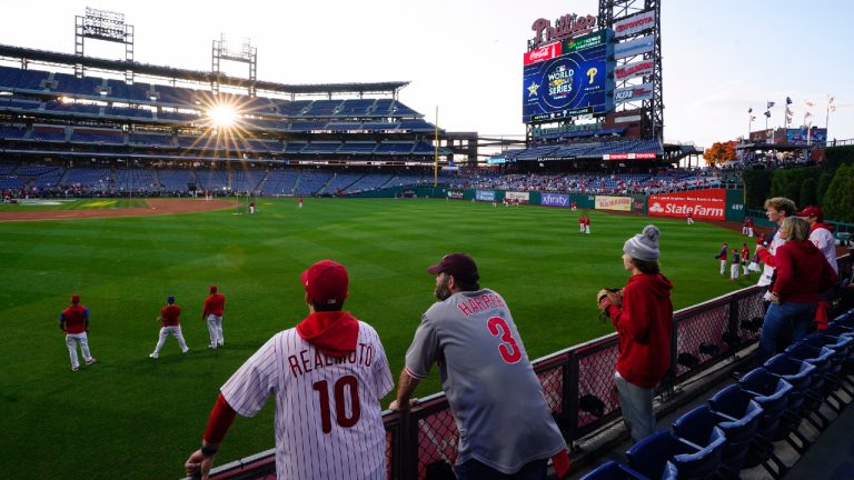 Fans watch during batting practice before Game 3 of baseball's World Series between the Houston Astros and the Philadelphia Phillies on Tuesday, Nov. 1, 2022, in Philadelphia. (Matt Rourke/AP)