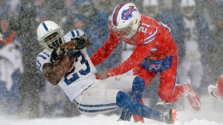 Buffalo Bills free safety Jordan Poyer, right, tackles Indianapolis Colts running back Frank Gore during the second half of an NFL football game, Sunday, Dec. 10, 2017, in Orchard Park, N.Y. (Adrian Kraus/AP Photo)