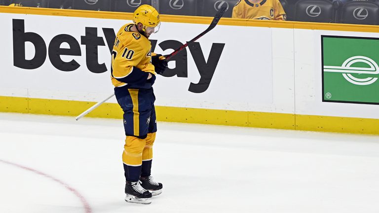 Nashville Predators center Colton Sissons (10) skates off the ice after the team's loss to the Colorado Avalanche in Game 3 of an NHL hockey Stanley Cup first-round playoff series Saturday, May 7, 2022, in Nashville, Tenn. (Mark Zaleski/AP)