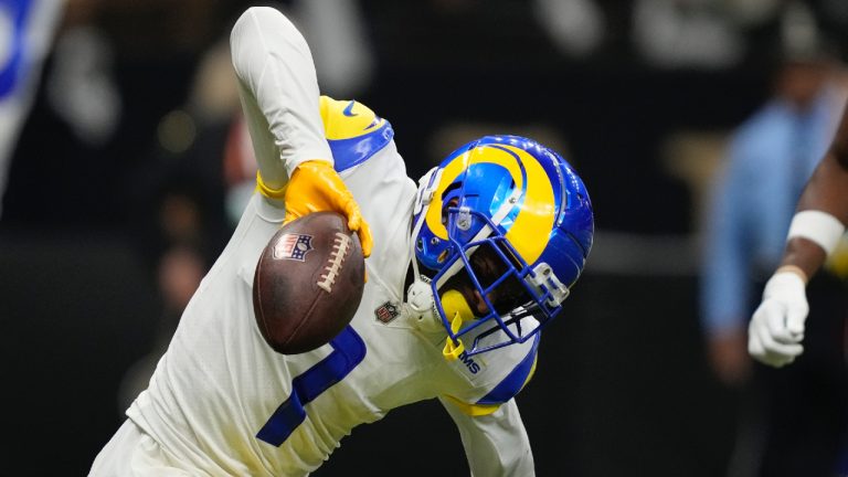 Los Angeles Rams wide receiver Allen Robinson II celebrates his touchdown reception against the New Orleans Saints in the first half of an NFL football game in New Orleans, Sunday, Nov. 20, 2022. (Gerald Herbert/AP)