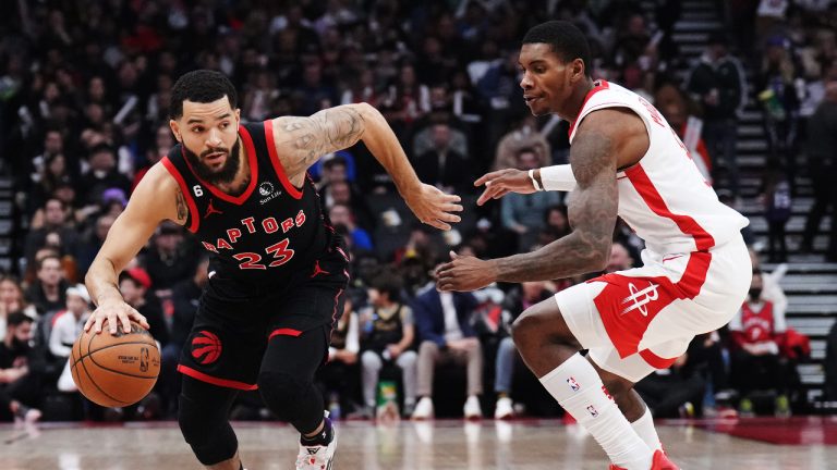 Toronto Raptors guard Fred VanVleet (23) drives past Houston Rockets guard Kevin Porter Jr. (3) during first half NBA basketball action in Toronto on Wednesday, November 9, 2022. THE CANADIAN PRESS/Nathan Denette