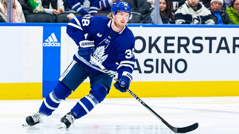 Rasmus Sandin can expect to take on a bigger role on the Maple Leafs blueline with Morgan Rielly sidelined by injury. (Julian Avram/Icon Sportswire via Getty)