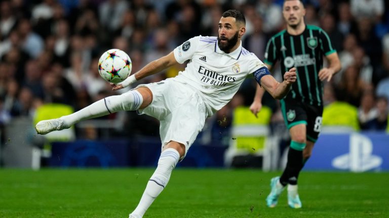 Real Madrid's Karim Benzema takes control of the ball during the Champions League Group F soccer match between Real Madrid and Celtic at the Santiago Bernabeu stadium in Madrid, Spain, Wednesday, Nov. 2, 2022. (Manu Fernandez/AP)