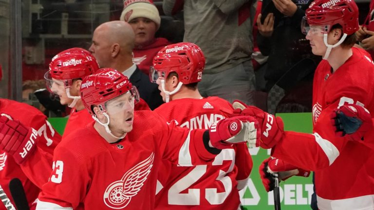 Detroit Red Wings left wing Adam Erne (73) celebrate his goal against the Los Angeles Kings in the first period of an NHL hockey game Monday, Oct. 17, 2022, in Detroit. (Paul Sancya/AP)