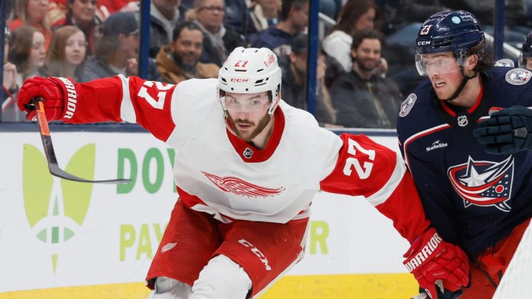 Detroit Red Wings' Michael Rasmussen, left, and Columbus Blue Jackets' Jake Christiansen chase a loose puck during the third period of an NHL hockey game on Saturday, Nov. 19, 2022, in Columbus, Ohio. (Jay LaPrete/AP)