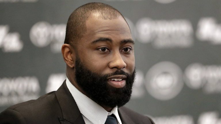 Former New York Jets cornerback Darrelle Revis speaks during a news conference officially announcing his retirement from NFL football, Tuesday, July 24, 2018, in Florham Park, N.J. Four-time All-Pro cornerback Darrelle Revis is one of five first-year eligible players among 28 modern day semifinalists for the Pro Football Hall of Fame’s class of 2023. (Julio Cortez/AP)