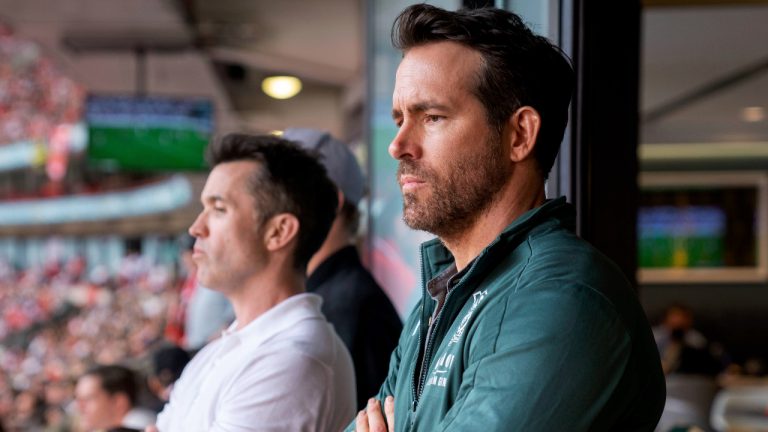 Rob McElhenney, left, and Ryan Reynolds in a scene from the docuseries "Welcome to Wrexham," which follows them as they takeover the lower-league Welsh soccer team Wrexham AFC. (AP)