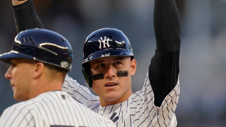 New York Yankees Anthony Rizzo reacts after driving in a run against the Cleveland Guardians during the fifth inning of Game 5 of an American League Division baseball series, Tuesday, Oct. 18, 2022, in New York. (Frank Franklin II/AP)