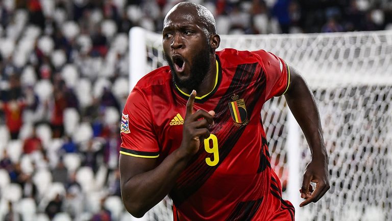 Belgium's Romelu Lukaku celebrates after scoring his side's second goal during the UEFA Nations League semifinal soccer match against France at the Juventus stadium, in Turin, Italy on Thursday, Oct. 7, 2021. (Fabio Ferrari/LaPresse via AP)