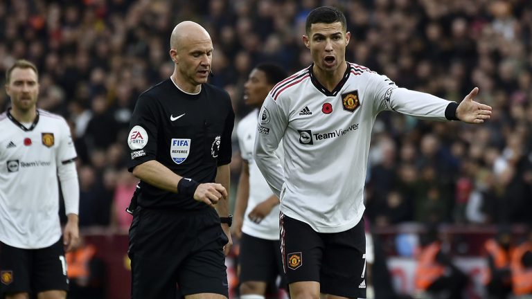 Manchester United's Cristiano Ronaldo gestures to Referee Anthony Taylor during the English Premier League soccer match between Aston Villa and Manchester United at Villa Park in Birmingham, England, Sunday, Nov. 6, 2022. (Rui Vieira/AP)