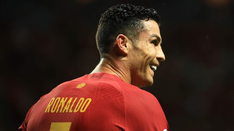 Portugal's Cristiano Ronaldo smiles during the UEFA Nations League soccer match between Portugal and Spain at the Municipal Stadium in Braga, Portugal, Tuesday, Sept. 27, 2022. In what will likely be his last chance at World Cup glory, how has Portugal built the roster around their star? (Luis Vieira/AP Photo)