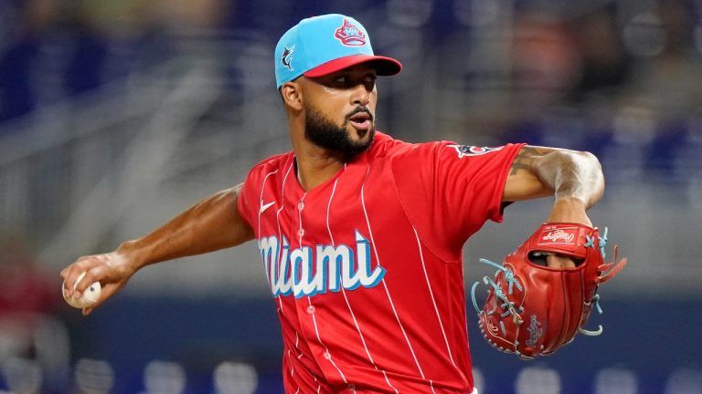 Miami Marlins starting pitcher Sandy Alcantara throws during the first inning of a baseball game against the Washington Nationals, Saturday, Sept. 24, 2022, in Miami. (AP Photo/Lynne Sladky)