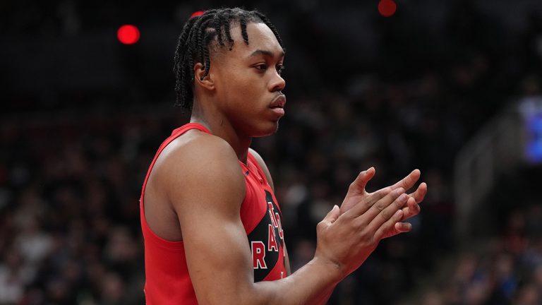 Toronto Raptors' Scottie Barnes reacts during first half NBA basketball action against the Miami Heat in Toronto on Wednesday, November 16, 2022. (Chris Young/CP)