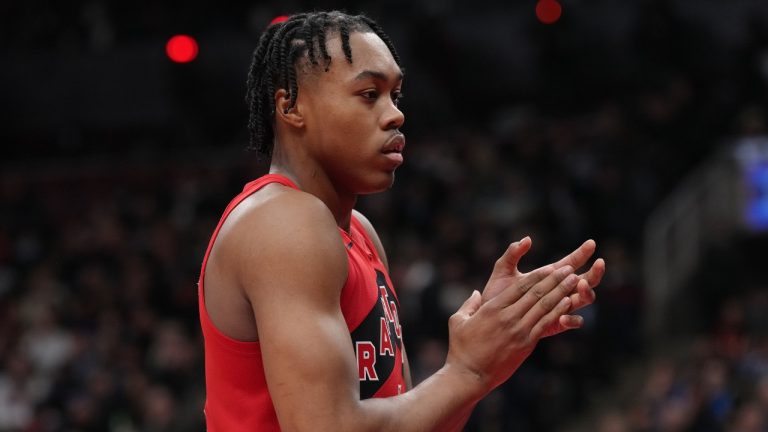 Toronto Raptors' Scottie Barnes reacts during first half NBA basketball action against the Miami Heat in Toronto on Wednesday, November 16, 2022. (Chris Young/CP)