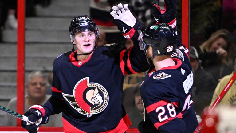 Ottawa Senators left wing Tim Stutzle (18) celebrates his goal against the Vegas Golden Knights during second period NHL hockey action in Ottawa. (Justin Tang/CP)