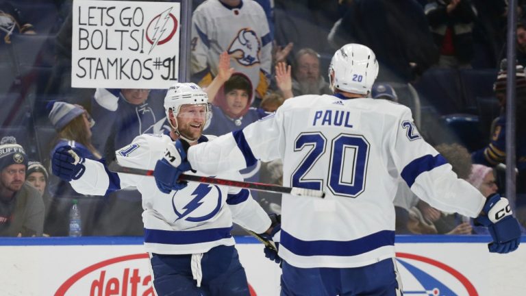 Tampa Bay Lightning centre Steven Stamkos and left wing Nicholas Paul (20) celebrate after Stamkos scored a game-winning overtime goal against the Buffalo Sabres on Monday, Nov. 28, 2022, in Buffalo, N.Y. (Joshua Bessex/AP Photo)