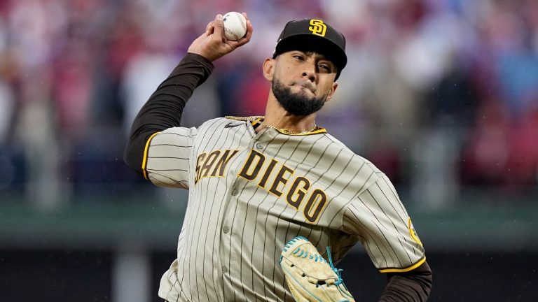 San Diego Padres relief pitcher Robert Suarez throws during the seventh inning in Game 5 of the baseball NL Championship Series between the San Diego Padres and the Philadelphia Phillies on Sunday, Oct. 23, 2022, in Philadelphia. (AP)