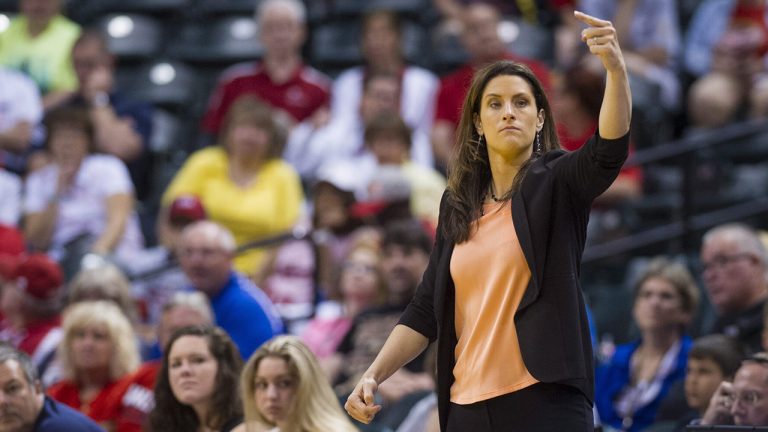 Indiana Fever head coach Stephanie White directs the players on the court from the bench during an WNBA basketball game against the Chicago Sky, Sunday, June 14, 2015, in Indianapolis. (Doug McSchooler/AP)