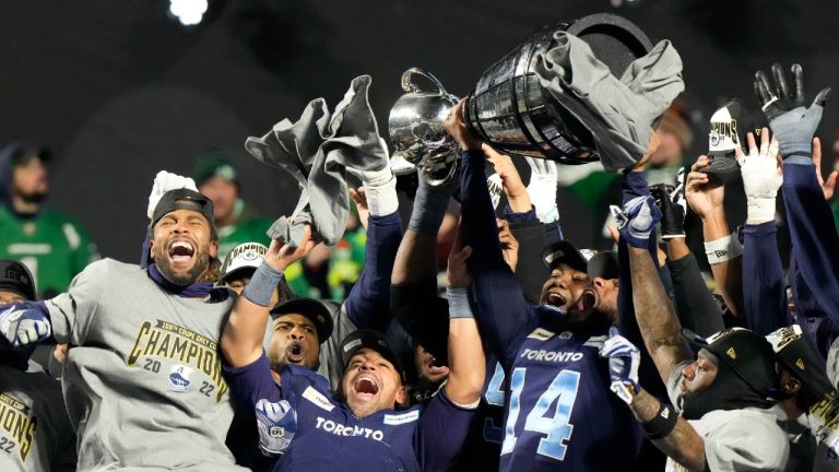 The Toronto Argonauts hoist the Grey Cup after defeating the Winnipeg Blue Bombers in the 109th Grey Cup at Mosaic Stadium in Regina, Sunday, Nov. 20, 2022. (Frank Gunn/CP)