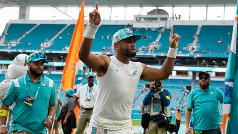 Miami Dolphins quarterback Tua Tagovailoa leaves the field after a game against the Houston Texans, Sunday, Nov. 27, 2022, in Miami Gardens, Fla. The Dolphins defeated the Texans 30-15. (Lynne Sladky/AP Photo)